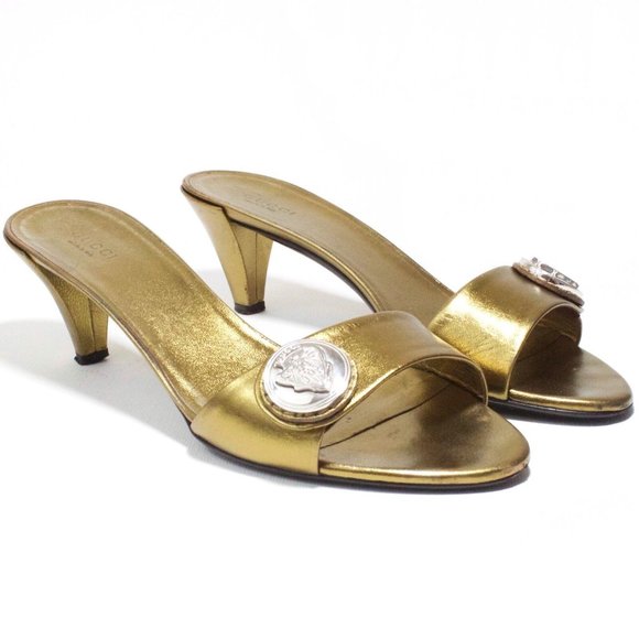 GUCCI HYSTERIA Golden Bronze Heels Logo Crest Slip In Sandals Slides Size 37.5 - Picture 2 of 8